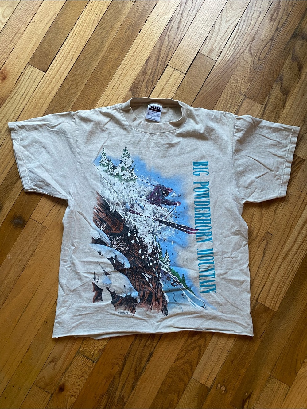 Vintage 90s Tultex Tan Powderhorn Mountain Classic Cotton Graphic Tee, retro ski